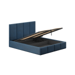 Elegantes navyblaues Polsterbett im Hotelstil.